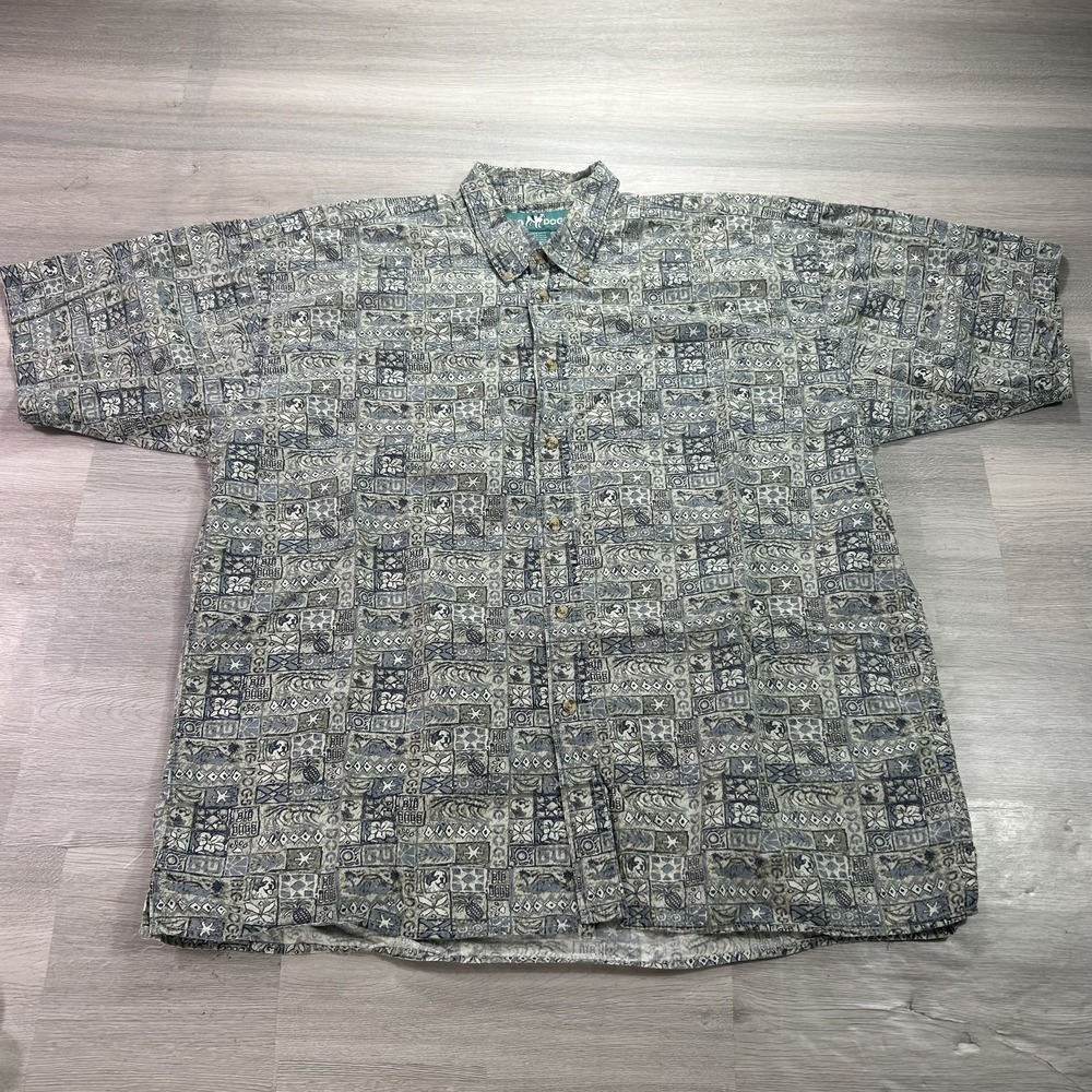 Big Dogs Shirt Mens XL Gray Hawaiian Dog Tropical Short Sleeve Button Up Casual